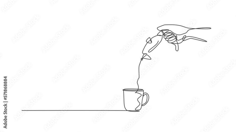 Animation of one single line drawing of young happy barista pouring hot chocolate coffee to cup above the table. Cafe drink menu concept. Continuous line self draw animated. Full length motion. Animation of one single line drawing of young happy barista pouring hot chocolate coffee to cup above the table. Cafe drink menu concept. Continuous line self draw animated. Full length motion.