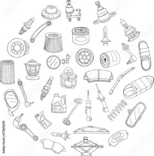 Hand drawn car parts icons. Vector illustration doodle style. Car service, repair.
