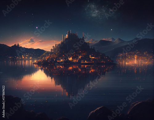 a small city on a lakeside at night, with a lot of lights in the distance.Concept Art Scenery. Book Illustration. Video Game Scene. Serious Digital Painting. CG Artwork Background. Generative AI 