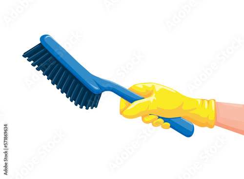 Hand wear rubber glove holding brush household cleaner symbol cartoon illustration vector