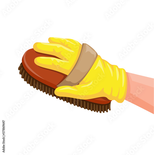 Hand wear latex glove holding brush for grooming horse or cleaning dirt symbol cartoon illustration vector