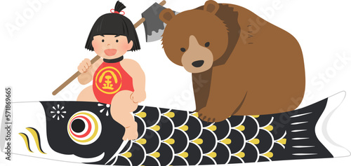 鯉のぼりにのった金太郎と熊_こどもの日イメージ素材_ベクターイラスト