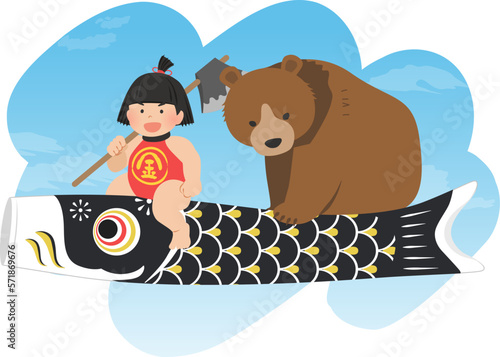 鯉のぼりにのった金太郎と熊_こどもの日イメージ素材_ベクターイラスト