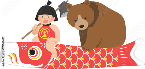 鯉のぼりにのった金太郎と熊_こどもの日イメージ素材_ベクターイラスト