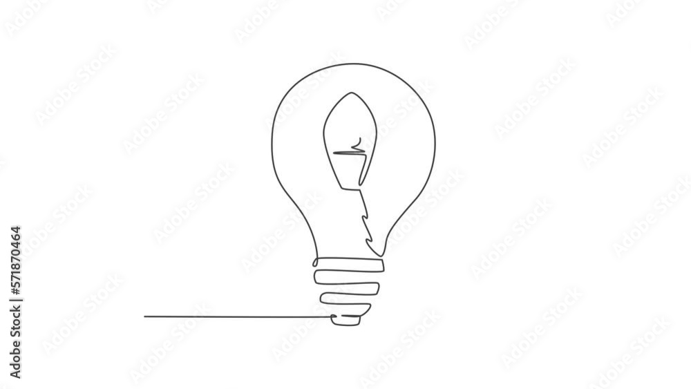 Animation of one single line drawing of rocket launch inside shining light bulb logo identity. Company space technology logotype icon template concept. Continuous line self draw animated illustration.