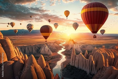 The Scene From Up Above breathtaking scene of a dawn with a sky full of multicolored hot air balloons Generative AI photo