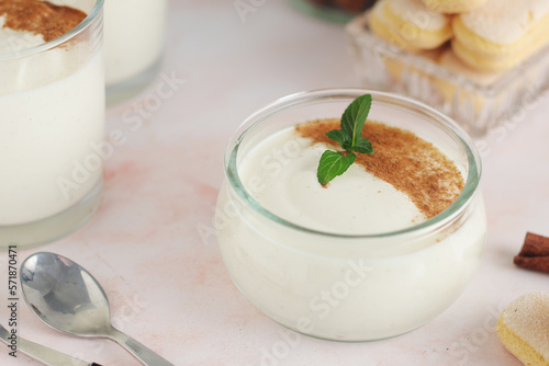 Glasses with traditional Italian dessert Zabaione made of eggs, sugar and wine 
