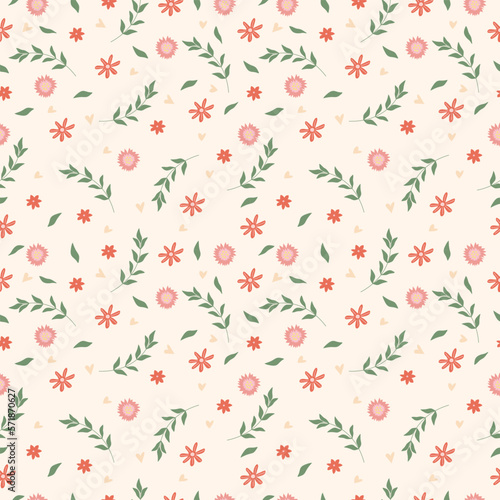 Spring seamless pattern with colored flowers, green leaves, hearts. Spring bloom and luxury. Floral pattern can be used as textile, fabric, wallpaper, banner, etc. Vector.