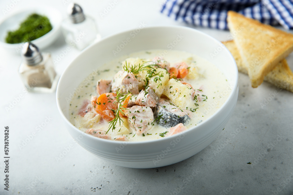 Traditional fish soup with vegetables and cream Traditional fish soup with vegetables and cream