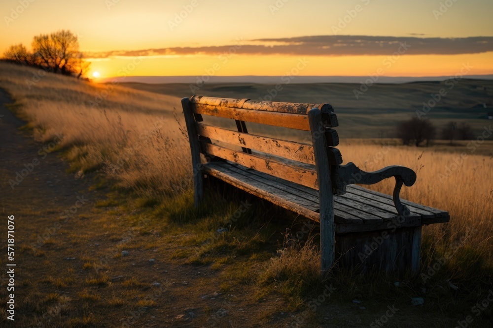 lonely bench in sunset mountain 