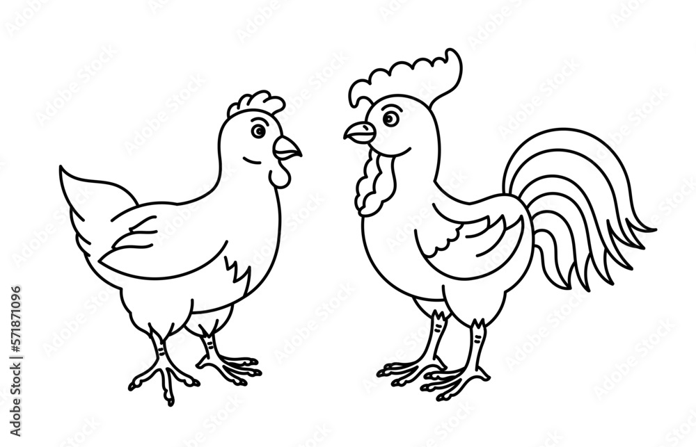 Fototapeta premium Hen and cockerel. Poultry domestic bird. Vector line. Editable outline stroke.