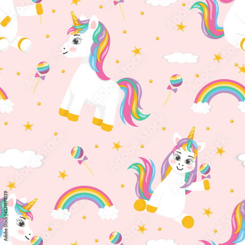 childish seamless pattern on pink background unicorn with rainbow