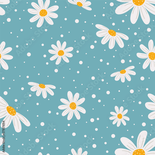 spring seamless pattern on blue background white daisies 