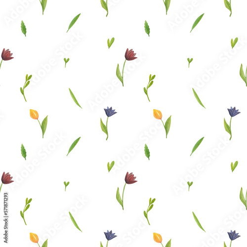 Watercolor pattern with tulips of different colors and green blades of grass on a white background.