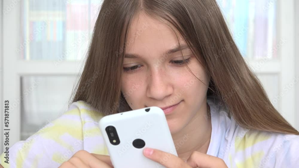 Teenager Girl Playing Smartphone, Kid Browsing Internet on Phone, Child Reading Messages, Children Searching Online on Devices