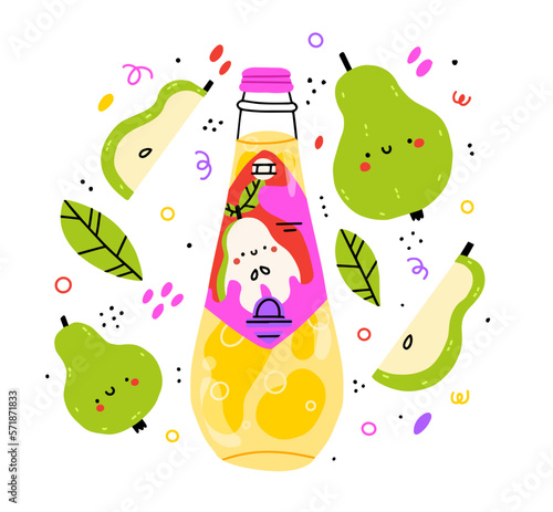 Summer pear lemonade . Soft drinks in glass with soda and lemonade. Doodle pear and abstract elements. Kawaii illustration. Childish style for printing fabrics, wallpaper, menu