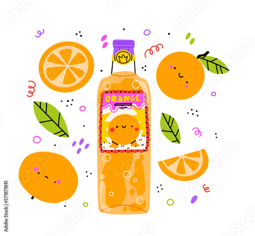 Cute orange lemonade bootle and glass. Isolated. Vector cartoon character hand drawn style illustration. Kawaii smiling lemonade.Hand drawn cute vector for web,design,print