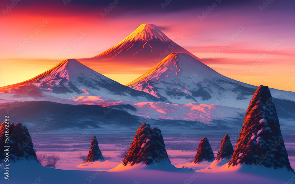 Prehistoric landscape with volcano in  winter landscape and sunrise.Generative Al Illustration.