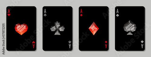 Playing cards illustration. Suits of playing cards. Spades, Hearts, Clubs, Diamonds. Black and red crystals. Black cards.