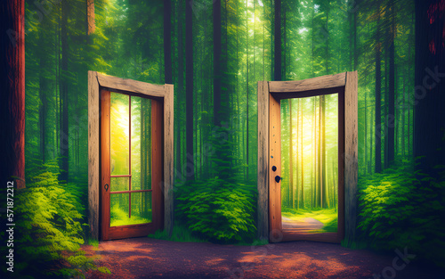 View to the door on morning misty forest. Generative Al Illustration.