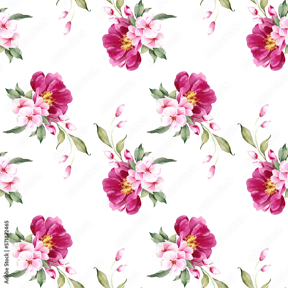 Seamless floral pattern with pink magenta peony flowers on white background, watercolor. Template design for fabric, interior, clothes, wallpaper. Botanical art

