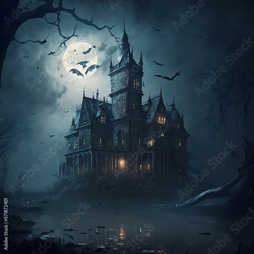 spooky castle, scary, unkempt, horror, old gothic castle, haunted mansion, generative ai