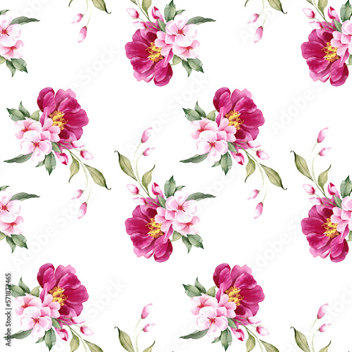 Seamless floral pattern with pink magenta peony flowers on white background, watercolor. Template design for fabric, interior, clothes, wallpaper. Botanical art 