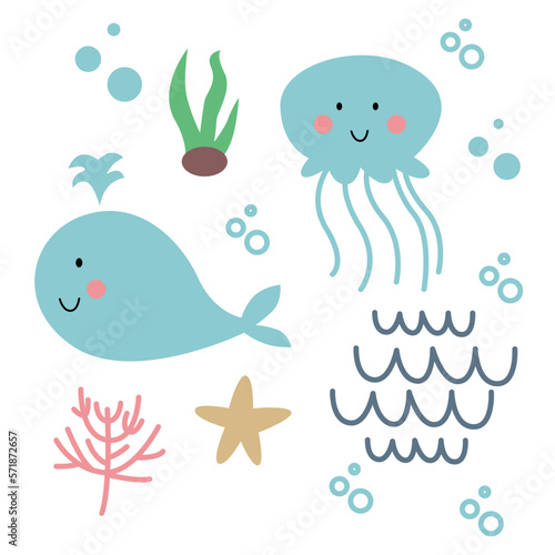 CUTE UNDERWATER ANIMALS SET ( WHALE, JELLYFISH, CORAL, WAVES, SEA WEEDS, SEA STAR )