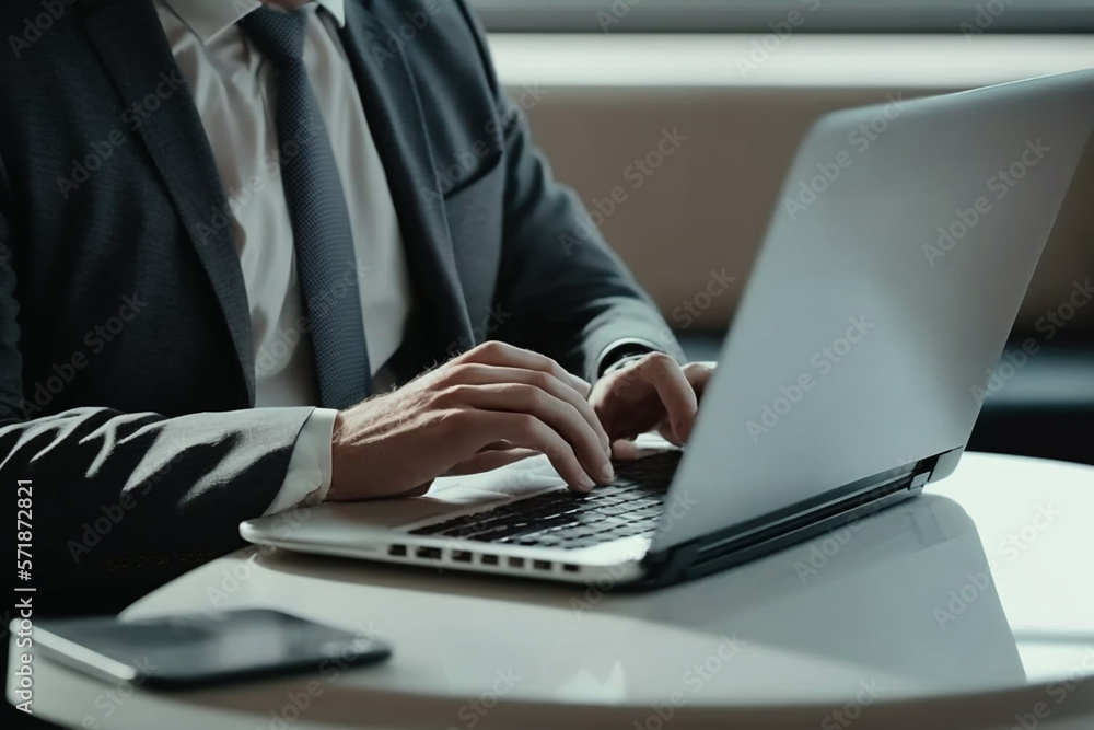 Businessman working on laptop computer on white table at office. Professional business man hands typing on laptop, online working, surfing the internet, close up Businessman working on laptop computer on white table at office. Professional business man hands typing on laptop, online working, surfing the internet, close up