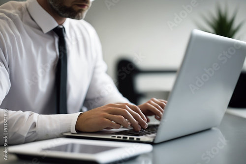 Businessman working on laptop computer on white table at office. Professional business man hands typing on laptop, online working, surfing the internet, close up