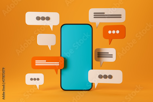 3D smartphone with chat bubble talk icons and notification on orange background. Mobile social media online concept. Chat, sms, communication, talk, message. Minimal cartoon cute. 3d illustration