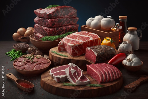 Raw meat collection on plate, with spices and ingredients, advertisement food photography
