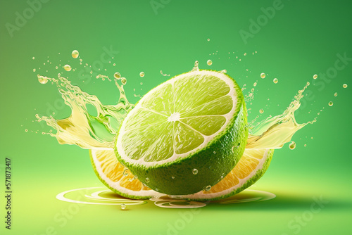 Lime with lime juice splashes on a light green background, studio light, for food advertisement