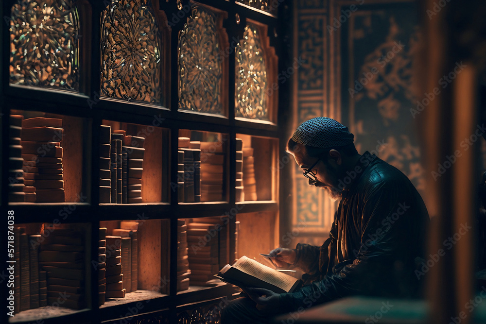 muslim cleric, or scholar, muslim intellectual is reading a book in the library, generative ai
