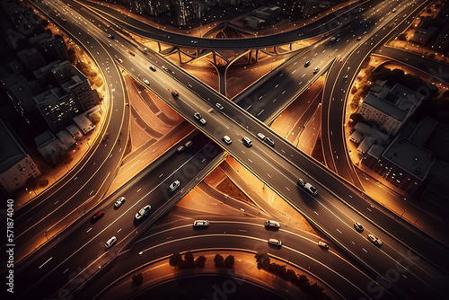 Aerial View Above of elevated road junction cars trucks and busses traffic, transportation and travel concept