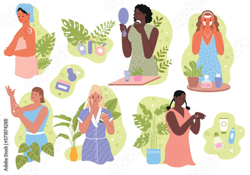 Set of women caring for skin