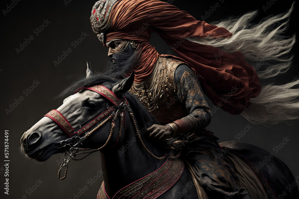 sultan or caliph, king, riding a horse, with a turban, generative ai