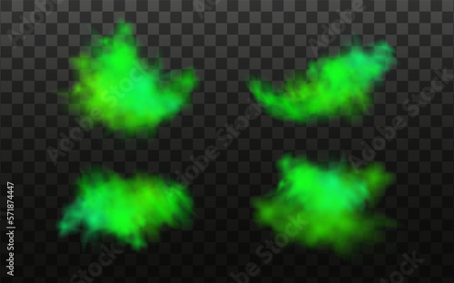 Green stink bad smell, smoke or poison gases,chemical toxic vapour.Vector realistic set of stench breath or sweat odor isolated on transparent checkered background.