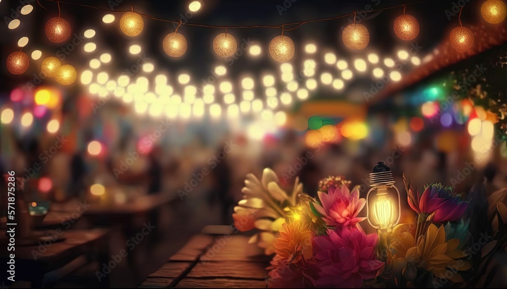 night market festival light, idea for summer festive vacation holiday background with copy space, Generative Ai