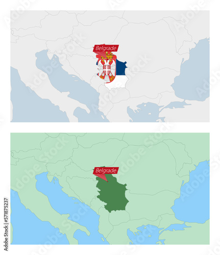 Serbia map with pin of country capital. Two types of Serbia map with neighboring countries.