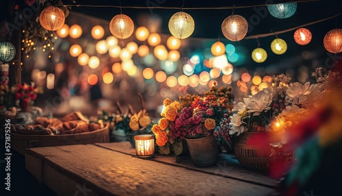 night market festival light  idea for summer festive vacation holiday background with copy space  Generative Ai