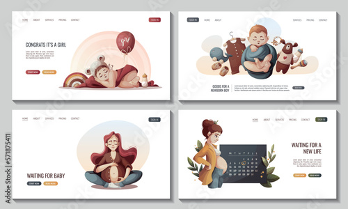 Set of web pages with pregnant women, newborn babies, baby clothes and toys. Motherhood, Pregnancy, Childbirth, baby waiting, baby store concept. Vector Illustration for poster, banner, website.