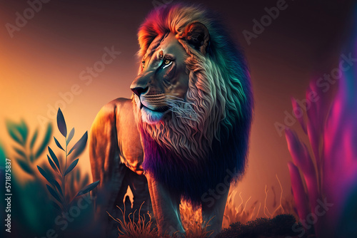mighty lion standing on the savanna, with color gradient background, generative ai