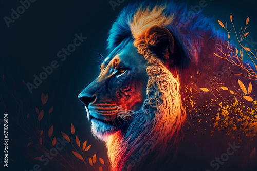 mighty lion standing on the savanna, with color gradient background, generative ai © jambulart