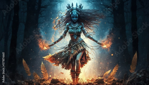 Shaman woman   witch evoking spirits in a mysterious night forest. Post-processed generative AI