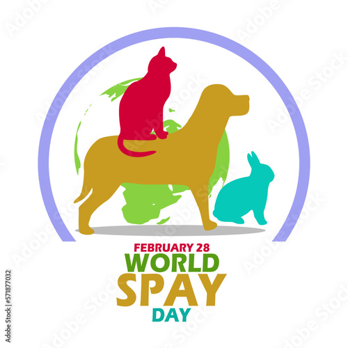 A cat standing over a dog with a rabbit and frame with bold text on white background to commemorate World Spay Day on February 28