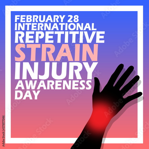 Illustration of a hand experiencing Repetitive Strain Injury with bold text in a frame on gradient background to commemorate International Repetitive Strain Injury Awareness Day on February 28