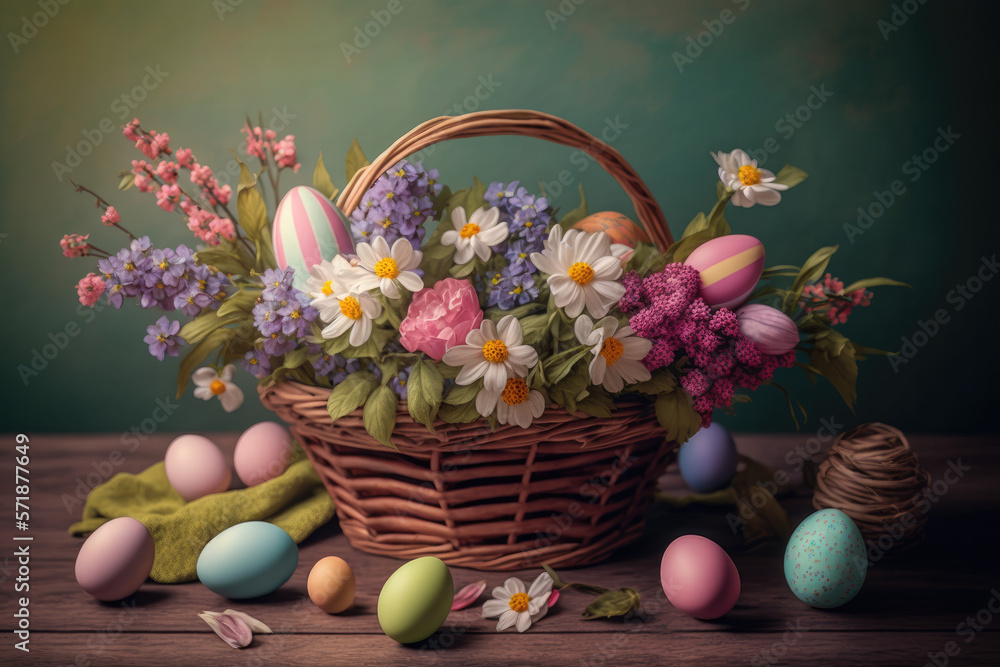 Easter eggs in a basket, generative ai