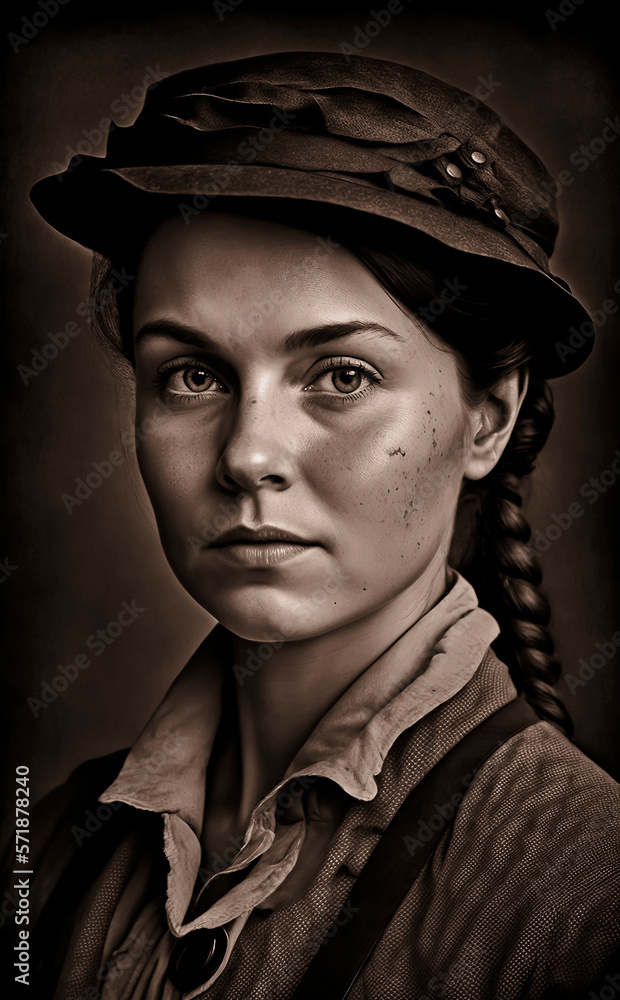 Young working class woman with dirty face in vintage style photograph Generative AI Young working class woman with dirty face in vintage style photograph Generative AI