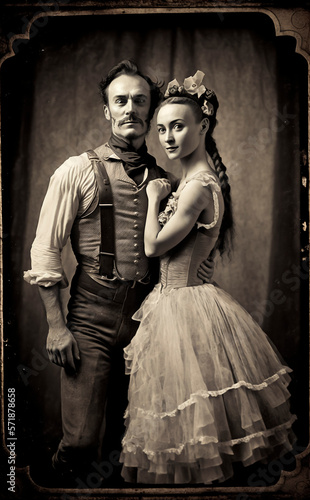 Circus performer couple pose in vintage style photograph Generative AI